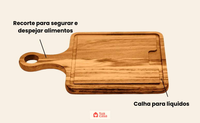 Tábua de carne de madeira com recorte lateral para despejar alimentos e calha para reter líquidos.