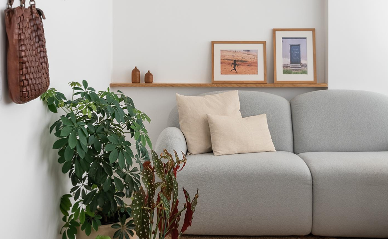 Sala de estar simples com parede atrás do sofá com prateleiras.