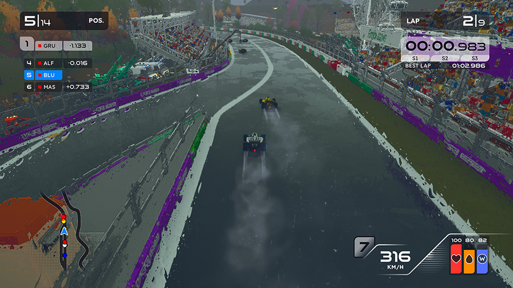1310-Formula-Legends-Layout_Site2 Fotografia da cena do jogo Formula Legends. Imagem de carros de corrida correndo na chuva.