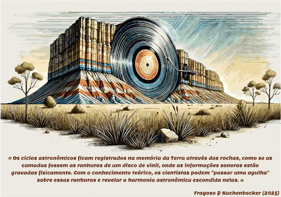 1410-Deriva-Continental–Layout_Site5 Ilustração de uma analogia para entender como os ciclos astronômicos ficam registrados nas rochas é o disco de vinil, cujas ranhuras armazenam fisicamente diversas informações sonoras. De forma semelhante, as camadas sedimentares arquivam, durante sua deposição, a evolução climática modulada por ciclos orbitais da Terra. Nesse contexto, a cicloestratigrafia busca reconhecer essas marcas naturais para reconstruir a história do planeta.