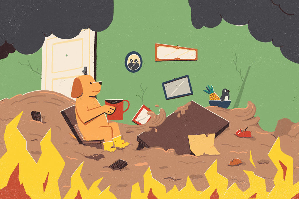 Si_480_Salvar_O_Clima_1 Ilustração, em fundo verde, de um cachorro, de pelo marrom, segurando uma caneca, sentado numa sala invadida por lama, fumaça e fogo.