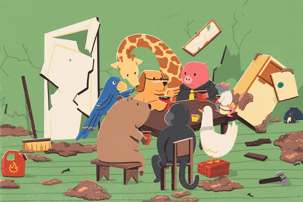 Si_480_Salvar_O_Clima_3 Ilustração cômica, em fundo verde, de um cachorro, de pelo marrom, usando óculos, reunido com outros bichos – uma arara azul, uma girafa, um macaco, um pato, um rato, um porco e uma capivara – numa mesa.