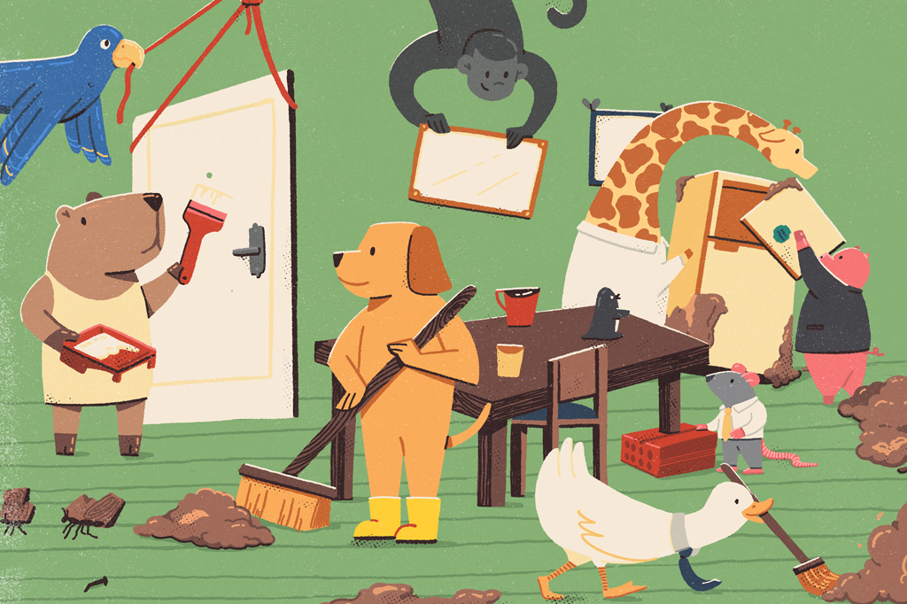 Si_480_Salvar_O_Clima_4 Ilustração cômica, em fundo verde, de um cachorro, de pelo marrom, usando botas amarelas e carregando uma vassoura, reunido com outros bichos – uma arara azul, uma girafa, um macaco, um pato, um rato, um porco e uma capivara – limpando uma sala suja.