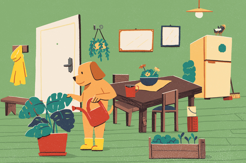 Si_480_Salvar_O_Clima_5 Ilustração cômica, em fundo verde, de um cachorro, de pelo marrom, usando botas amarelas e regando uma planta numa sala limpa e bem decorada.