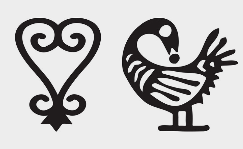 Símbolo africano Sankofa, representado por um pássaro que olha para trás e por arabescos em formato de coração, inspiração presente em grades e fachadas brasileiras.