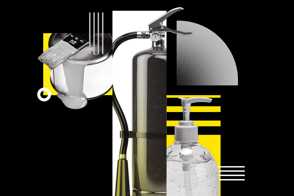 Colagem, em fundo preto, feita com imagens de um pincel com uma lata de tinta, um extintor de incêndio e uma embalagem de álcool gel.