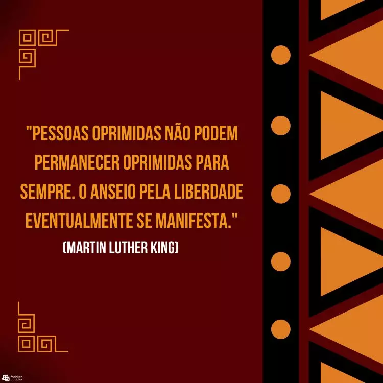 Frases-Vozes-Negras-1 Cartão virtual de fundo vinho com padrões geométricos amarelos e frase ""Pessoas oprimidas não podem permanecer oprimidas para sempre. O anseio pela liberdade eventualmente se manifesta." (Martin Luther King Jr.)