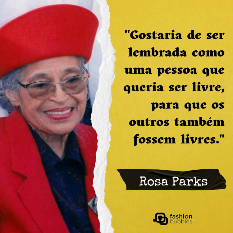 1-Vozes-Negras Cartão virtual dividido ao meio com foto de Rosa Parks de roupa vermelha e a outra metade é amarela com frase "Gostaria de ser lembrada como uma pessoa que queria ser livre, para que os outros também fossem livres." (Rosa Parks)