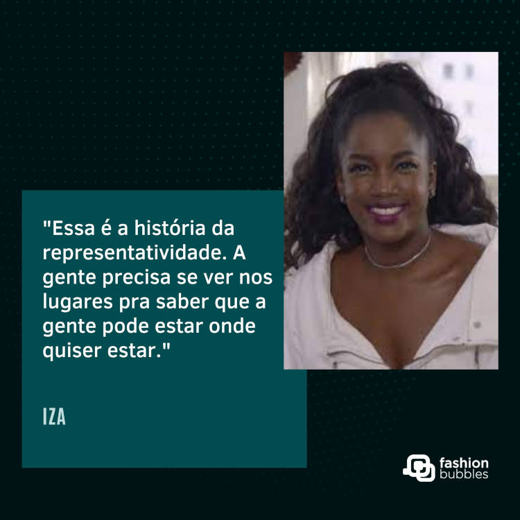 6-Vozes-Negras Cartão virtual verde com foto de Iza usando roupa branca e frase Essa é a história da representatividade. A gente precisa se ver nos lugares pra saber que a gente pode estar onde quiser estar." (IZA)