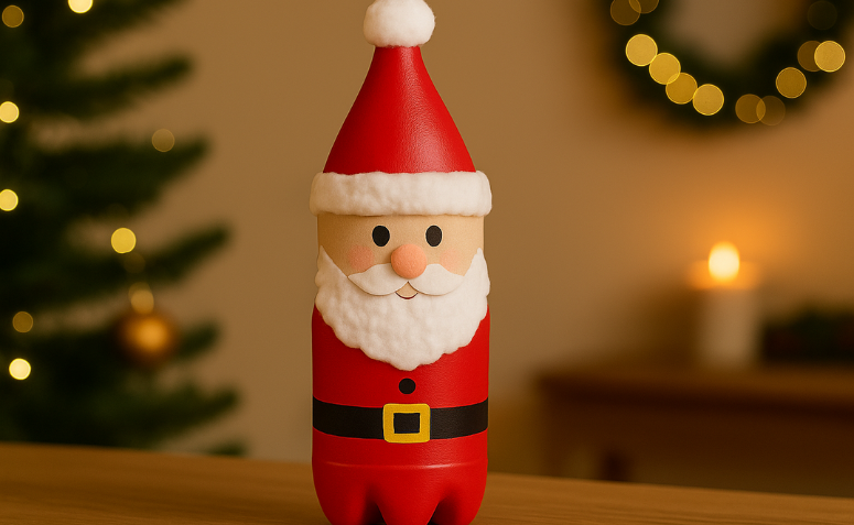 Papai Noel artesanal feito com garrafa PET reciclada e pintada de vermelho.