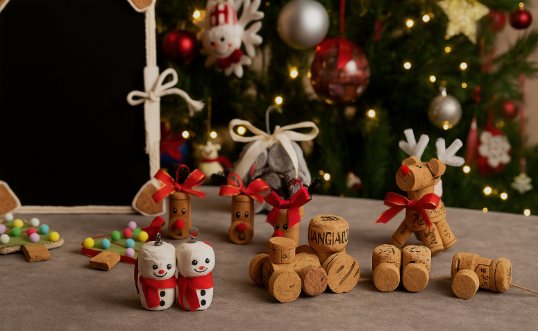 enfeites de Natal feitos com rolhas de cortiça, incluindo renas, bonecos de neve e trenzinho artesanal, dispostos sobre uma mesa com árvore de Natal iluminada ao fundo.