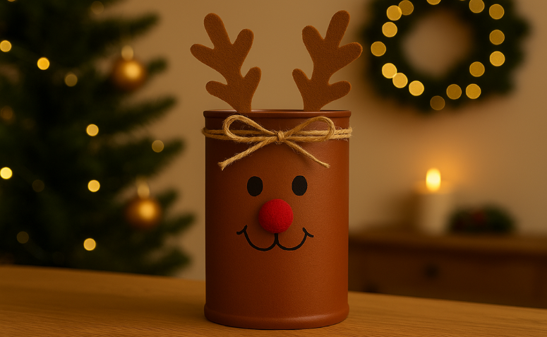 lata decorada artesanalmente como rena de Natal, com chifres de feltro, nariz vermelho e laço de barbante, sobre mesa de madeira.