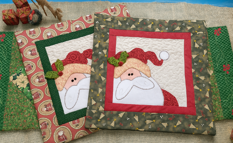 Capas natalinas de tecido feitas com patchwork em tons de vermelho e verde com estampa de Papai Noel.