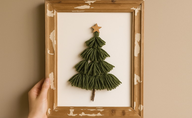 moldura com árvore de Natal feita de barbantes
