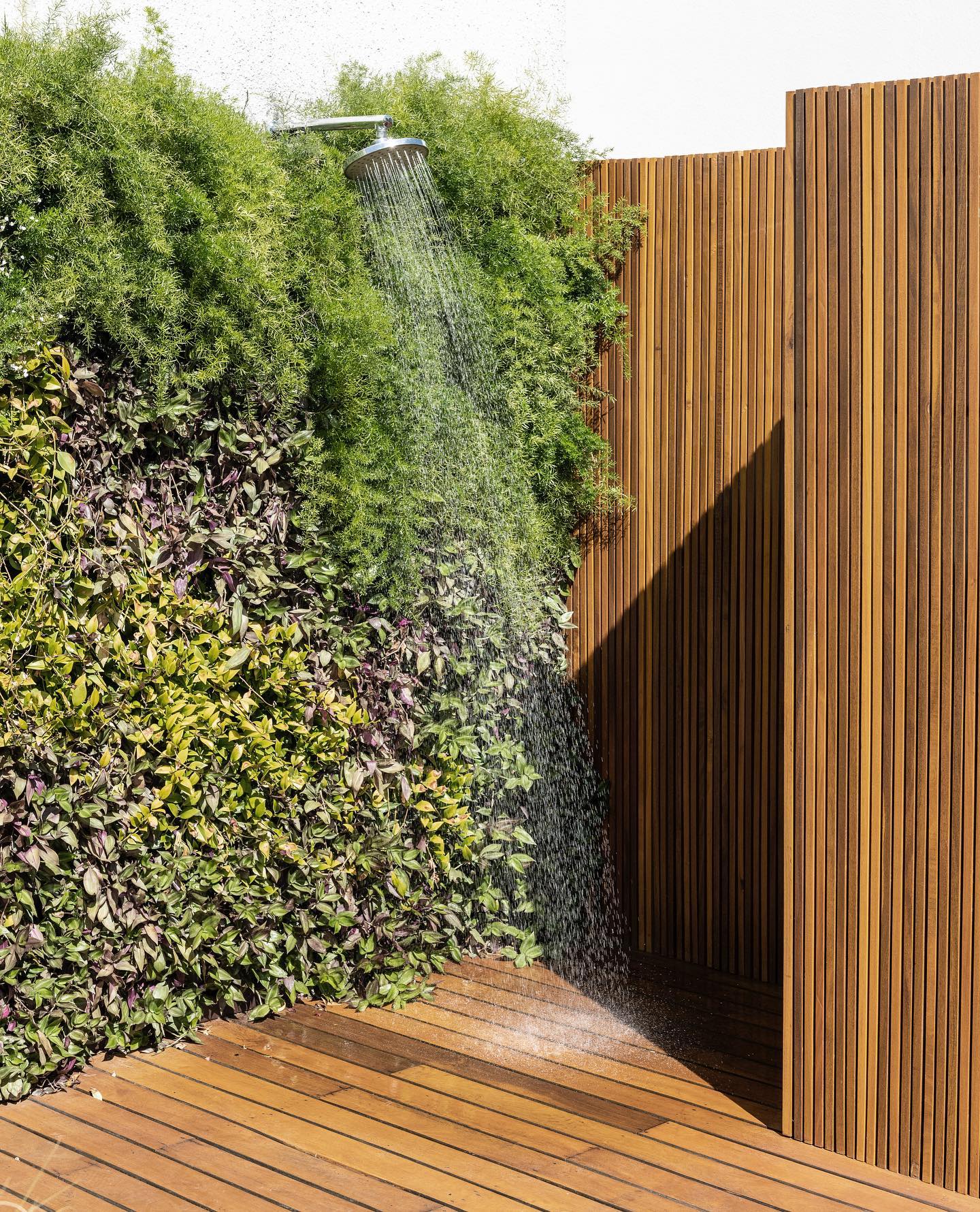 chuveirão no jardim com parede verde e deck de madeira natural