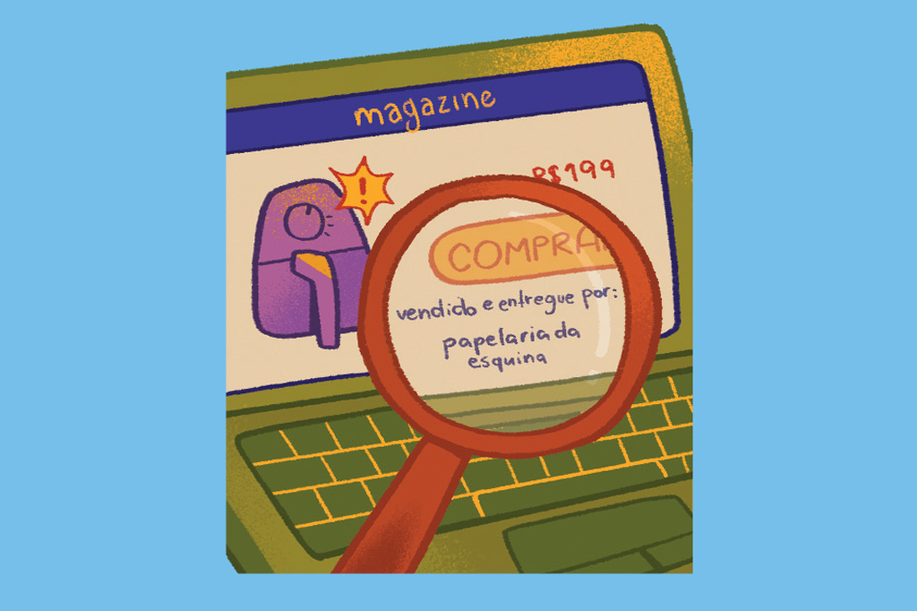 Ilustração, em fundo azul, de um computador com a tela num site de compras on-line.