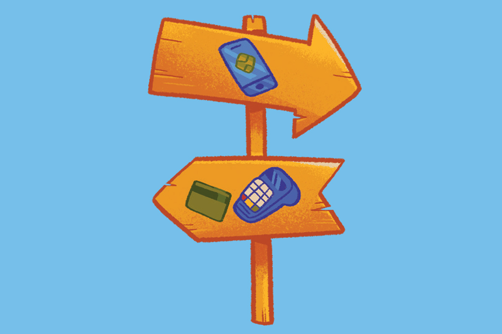 Ilustração, em fundo azul, de um poste com duas placas de sinalização em formato de seta. Na placa de cima, apontando para direita, vê-se um ícone de smartphone. Na placa de baixo, apontando para esquerda, vê-se um ícone de cartão e outro de telefone.