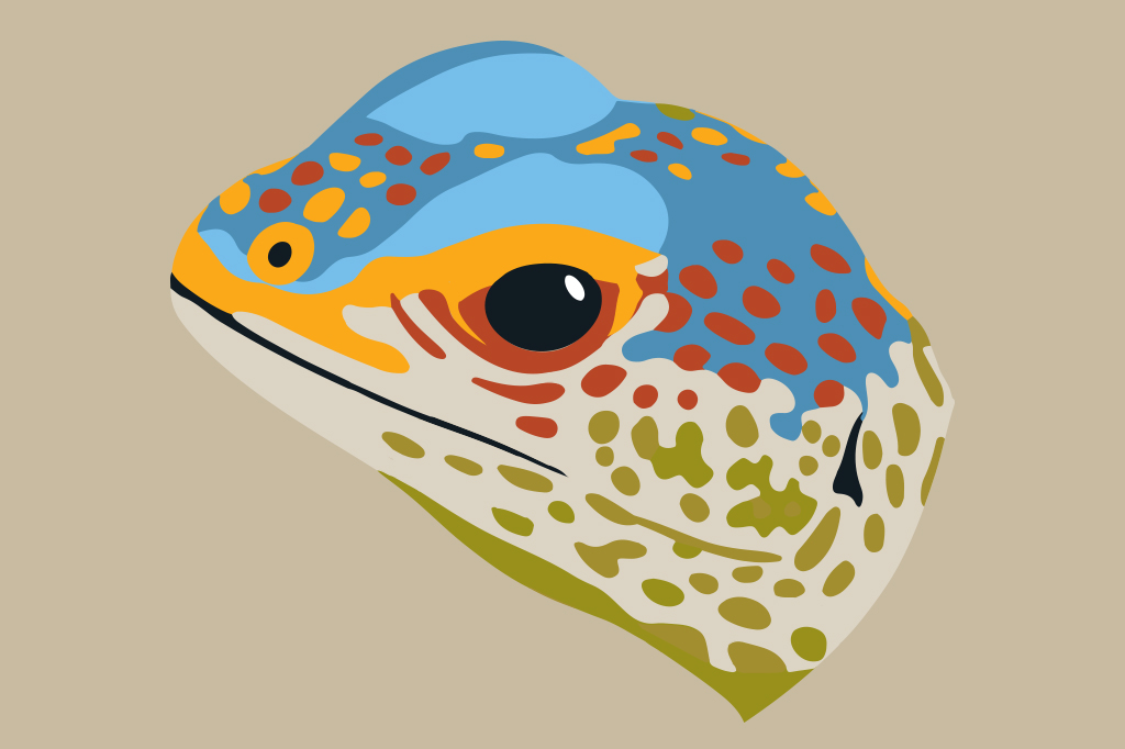 Ilustração, em fundo bege escuro, de uma cabeça de lagarto.