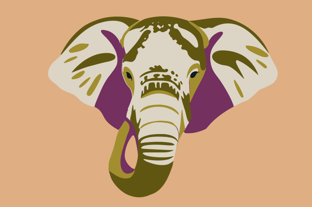 Ilustração, em fundo marrom, de uma cabeça de elefante.