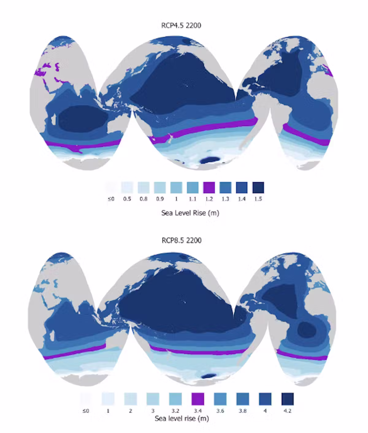 File-20251114-56-Fxrqoi Modelos mostram a contribuição da Antártica para o aumento do nível do mar em 2200 sob emissões médias (parte superior) e altas (parte inferior). A elevação média global do nível do mar está em roxo. A elevação regional acima da média do nível do mar aparece em azul escuro.
