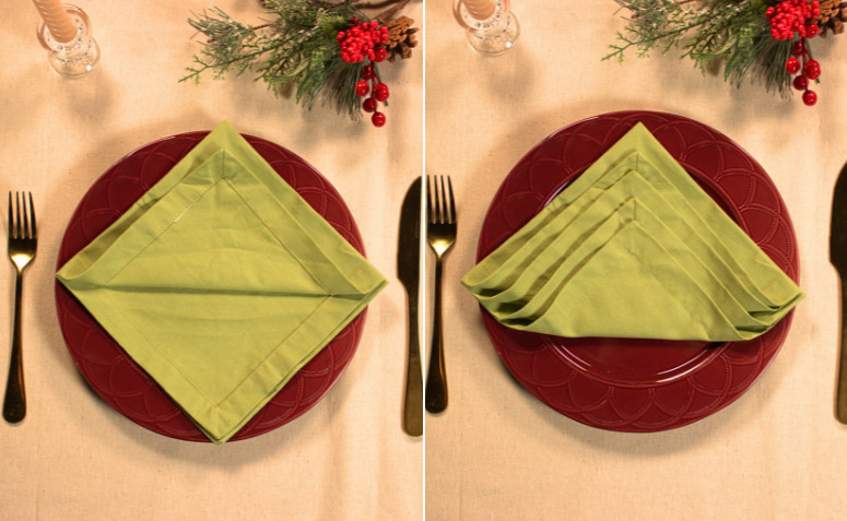 segundo passo para fazer a dobradura de guardanapo em formato de arvore de Natal