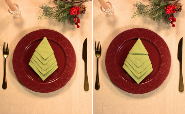 quinto passo para fazer a dobradura de guardanapo arvore Natal