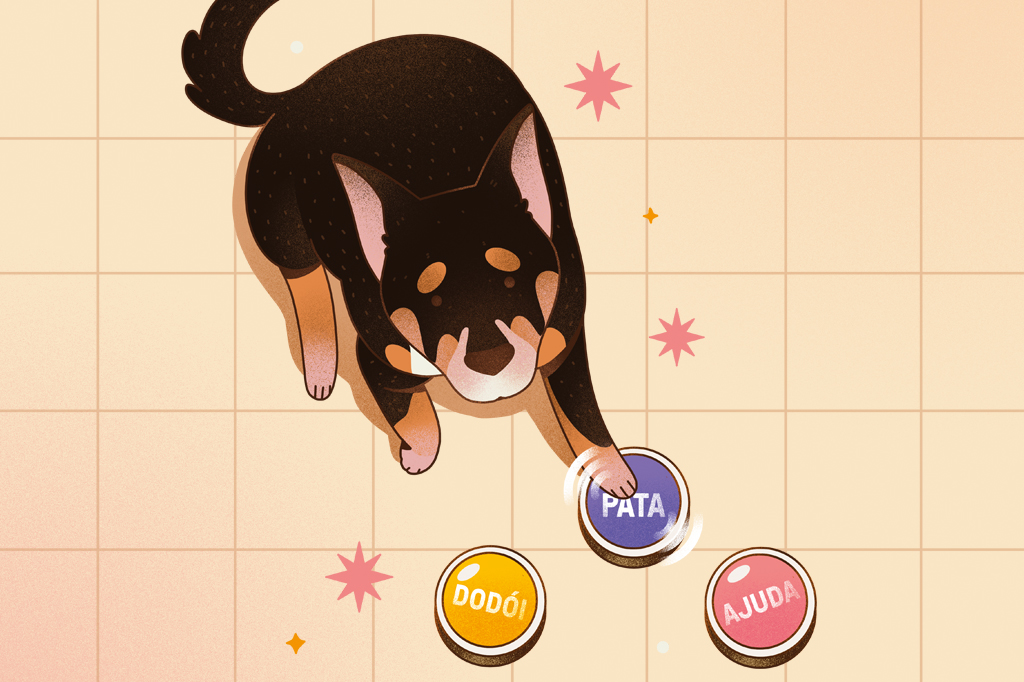 Si_482_Comunicação_Canina_2 Ilustração, vista de cima, de um cachorro de pelo preto e marrom, apertando um botão roxo, com sua pata. Vê-se, também, um piso quadriculado e mais dois botões.