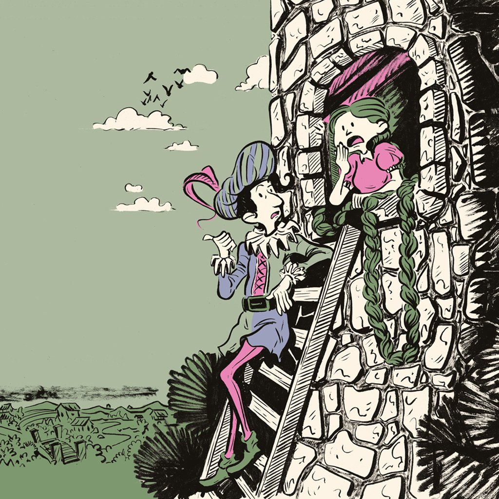 Ilustração de um rapaz apoiado numa escada, conversando com uma garota debruçada na janela.