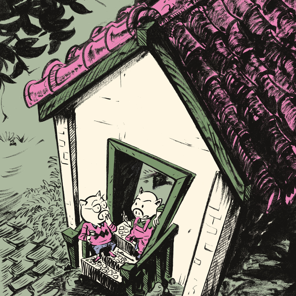 Ilustração, vista de cima, de dois porcos conversando em frente a uma casa.
