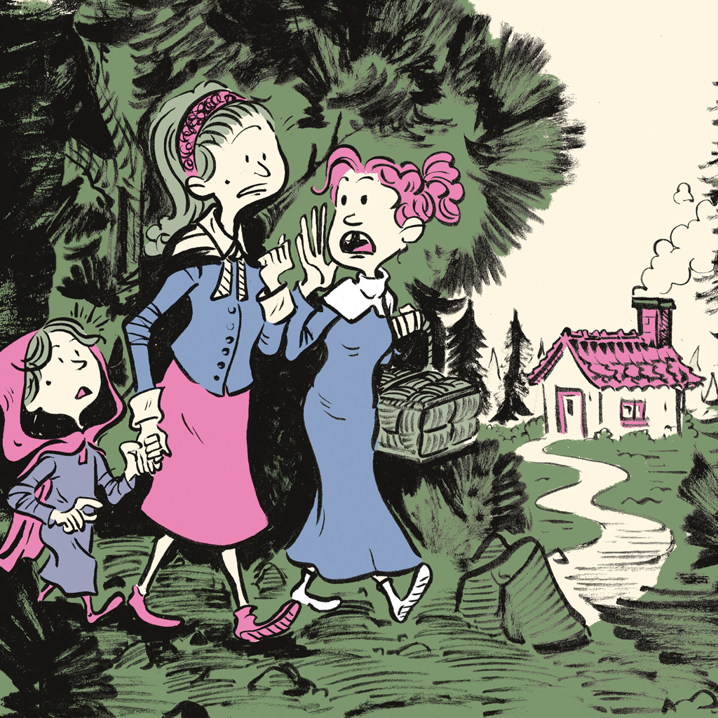 Ilustração de uma criança e duas mulheres caminhando por um bosque. Ao fundo, vê-se uma pequena casa com chaminé.