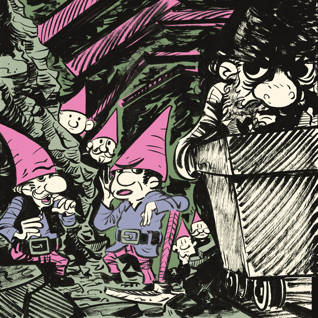 Ilustração de seis anões, numa mina de ouro, fazendo comentários sobre um sétimo anão que está empurrando um pequeno vagão.