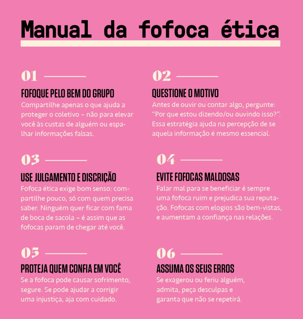 Tabela, em fundo rosa, com seis dicas de conduta diante de uma fofoca.