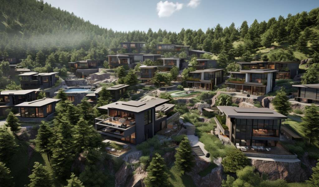 Projeto 3D de várias construções entre árvores