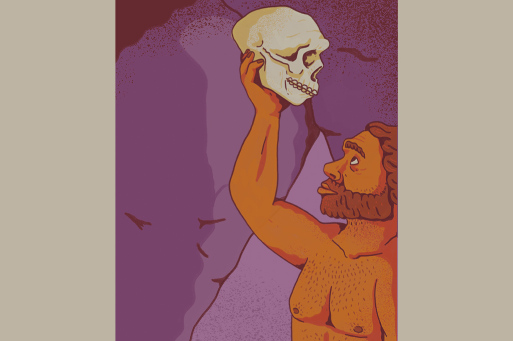 Ilustração, em fundo areia, de um homem pré-histórico erguendo um crânio humano e olhando para ele.