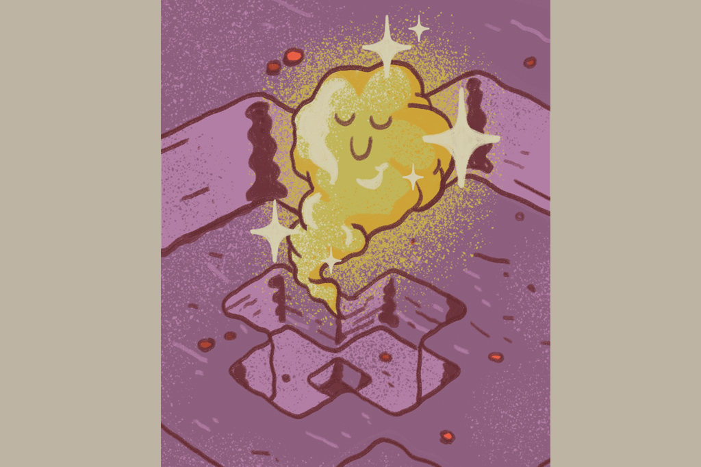 Ilustração, em fundo areia, de um nuvem de fumaça saindo de um buraco em forma de cruz.