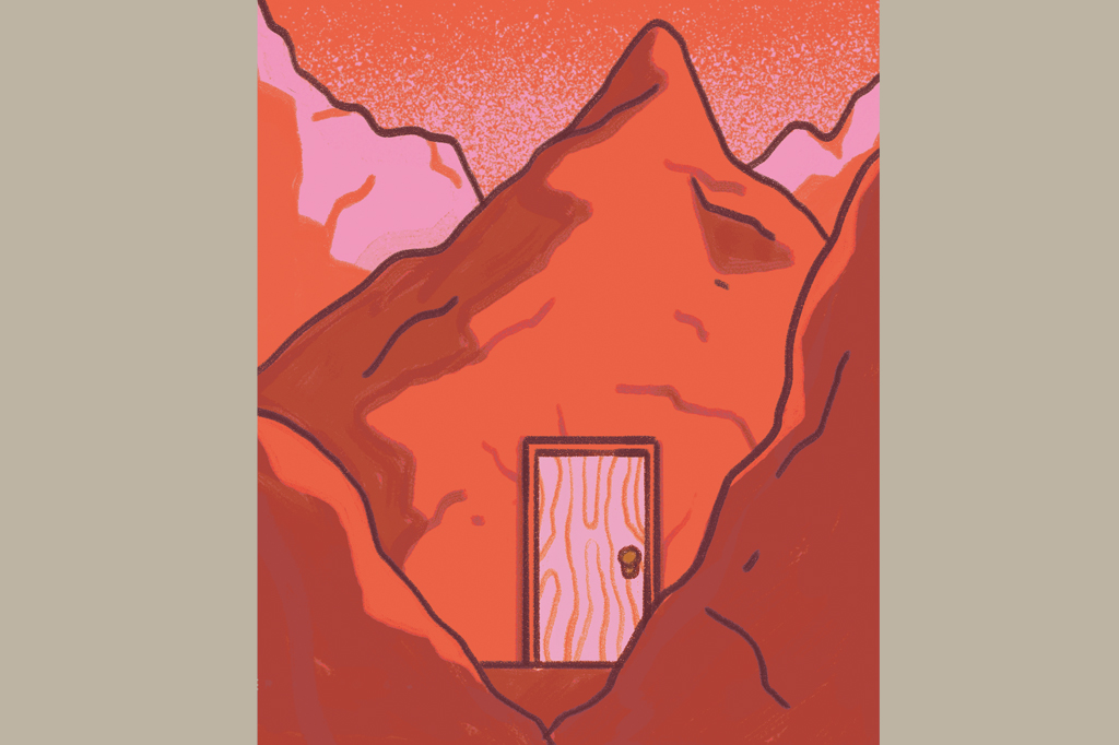 Ilustração, em fundo areia, de uma montanha vermelha com uma porta de acesso.