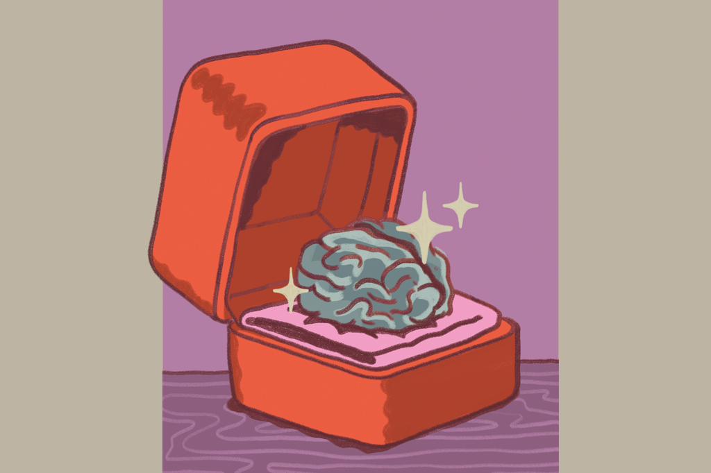 Ilustração, em fundo areia, de um grande porta joia com um cérebro humano.