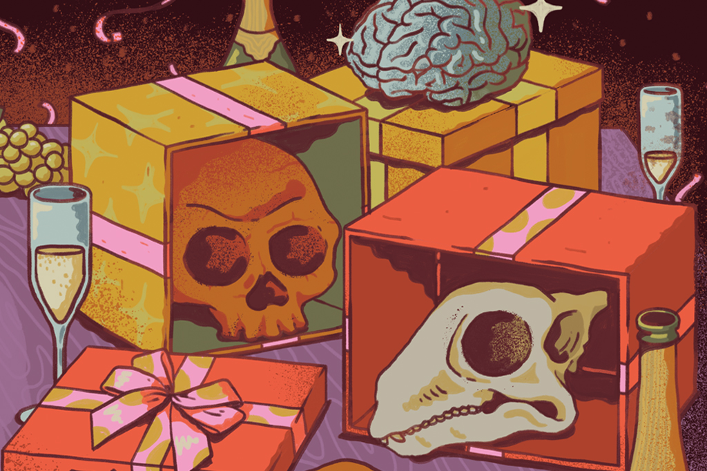 Ilustração de fósseis embalados em caixas de presente. Vê-se um crânio humano e outro de dinossauro. Ao redor, vê-se cacho de uvas, garrafas e taças de champanhe.