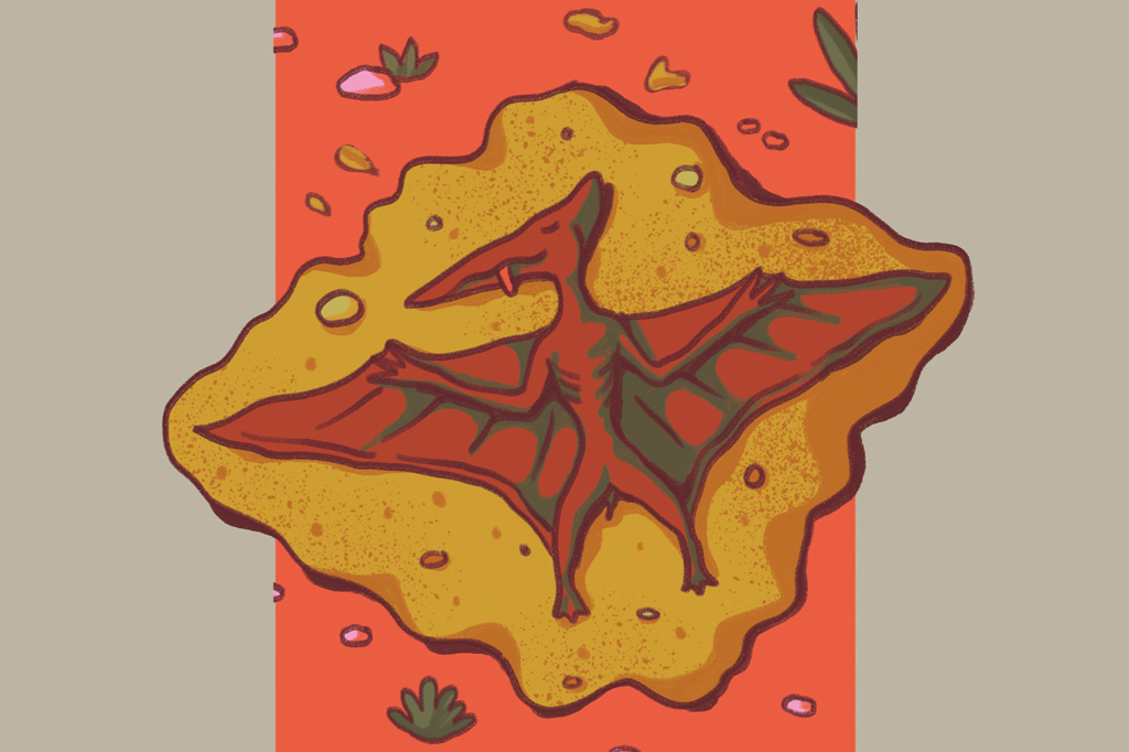 Ilustração, em fundo areia, de um fóssil de pterossauro.