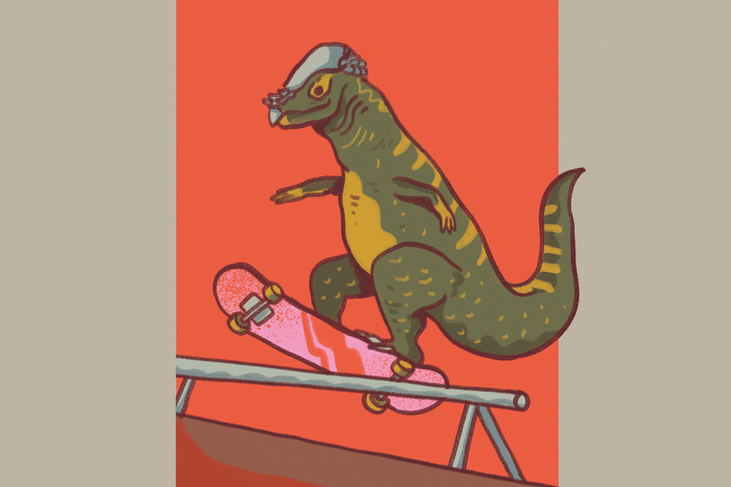 Ilustração, em fundo areia, de dinossauro andando de skate.