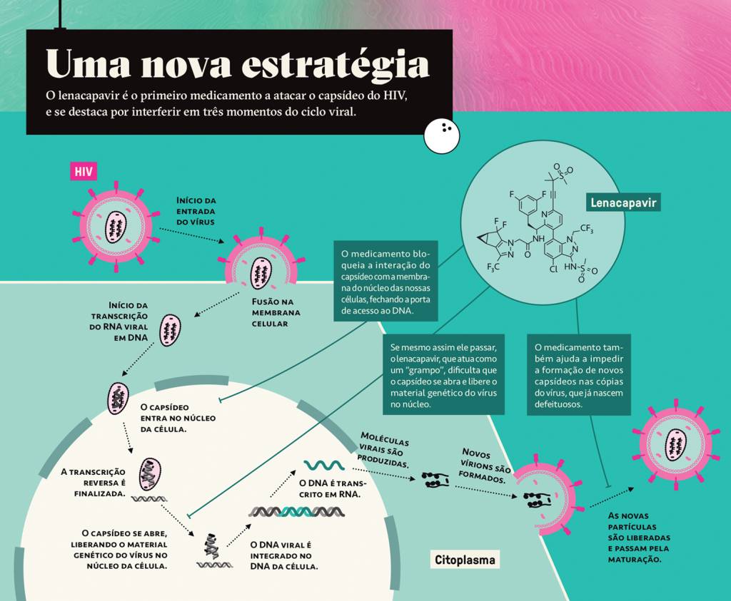 Infográfico, em fundo verde claro, com o sistema de ação dos novos remédios contra o HIV.