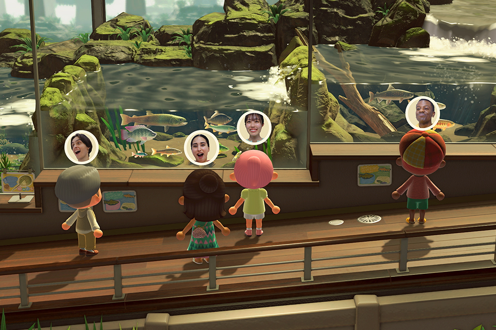Imagem do jogo animal crossign, quatro personagens olhando um aquário.