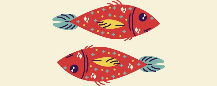 12-Peixes-Horoscopo-Diario-1 Fundo bege com símbolo do signo de Peixes com horóscopo de hoje