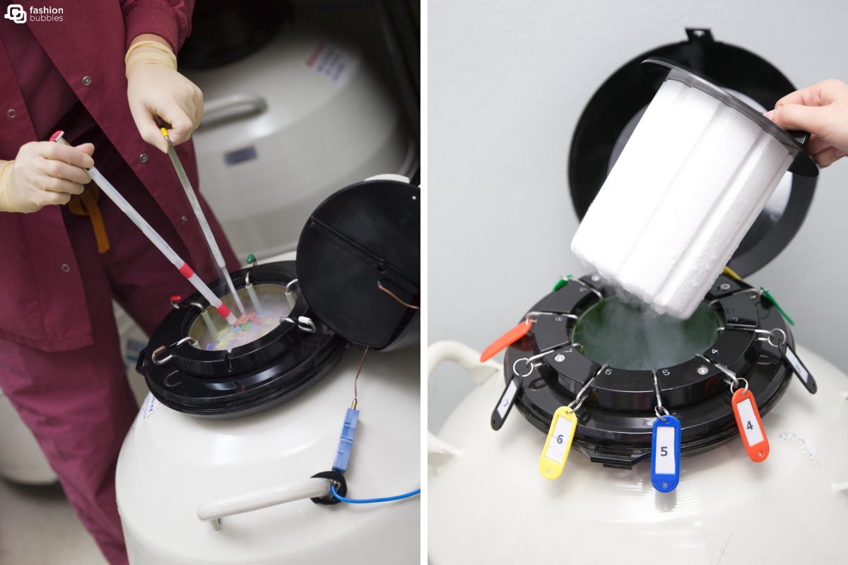 Congelamento-Ovulos-Destacada Montagem com duas fotos sobre congelamento de óvulos: uma de um profissional com roupa vinho e luvas colocando óvulos na máquina de congelar e a outra da máquina de congelamento com etiquetas numeradas