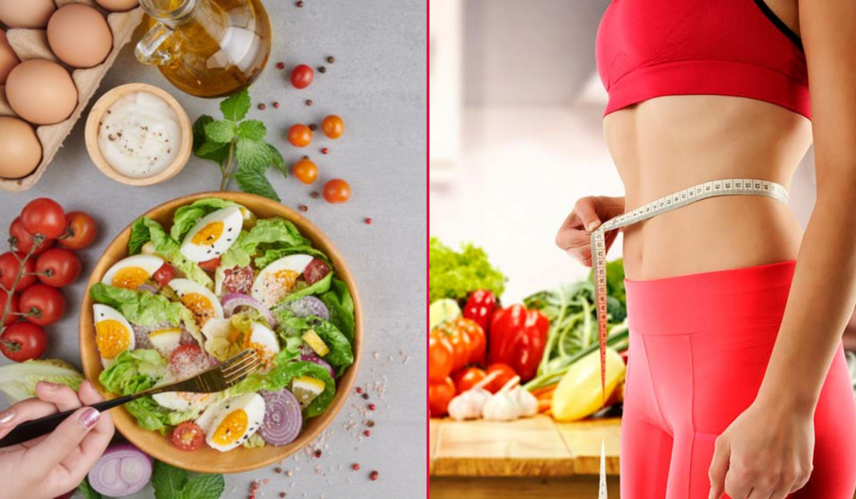 Copy-Of-Foto-3 Montagem com duas fotos. A primeira mostra mesa com ovos, tomate, mel e cebola. Além disso, há uma tigela com esses ingredientes em salada. A segunda mostra uma mulher de pele clara com top e calça vermelho e fita métrica na cintura. Ao fundo, mesa com verduras e legumes