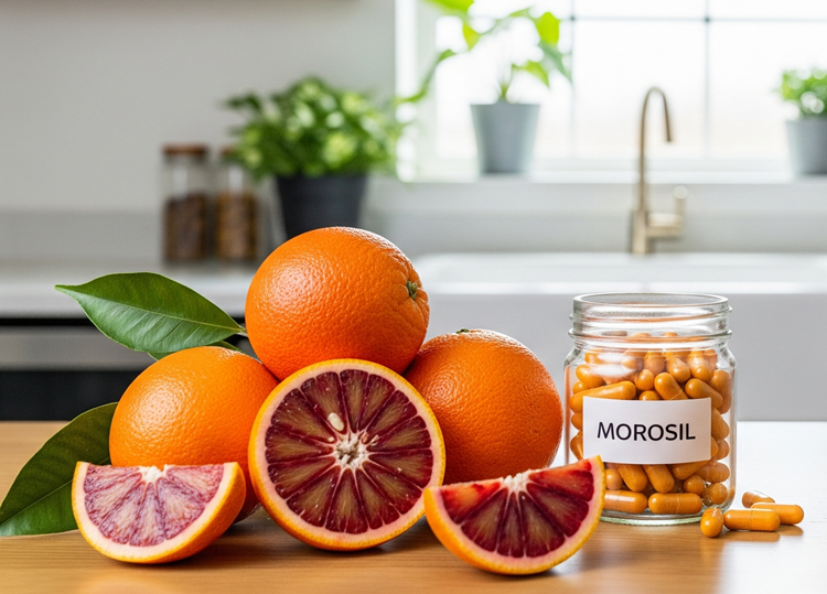 Morosil-1 Uma garrafa rotulada "MOROSIL" cheia de cápsulas amarelas está ao lado de várias laranjas sanguíneas inteiras e cortadas em uma bancada de cozinha de madeira clara.