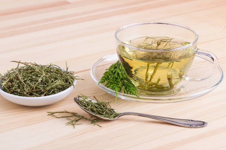 Chas-Para-Dormir-10 Chá de erva-de-São-João em xícara e pires transparente, com pote branco e colher com a erva