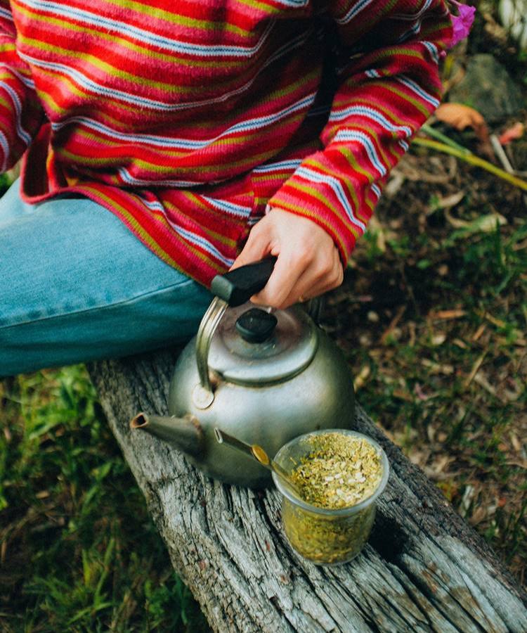 Chimarrao-Parana-1 Mulher usando casaco listrado vermelho e amarelo, calça jeans, sentada em tronco sob gramado. Ela segura chaleira que usa para regar seu chimarrão