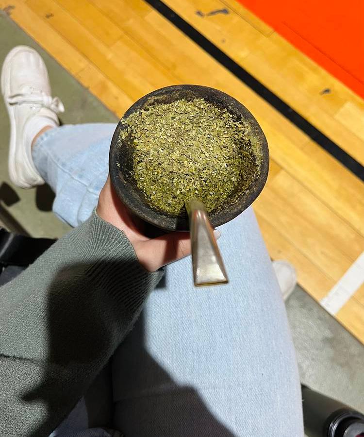 Chimarrao-Parana-2 Vista de cima de pernas cruzadas de mulher segurando e apoiando chimarrão no joelho