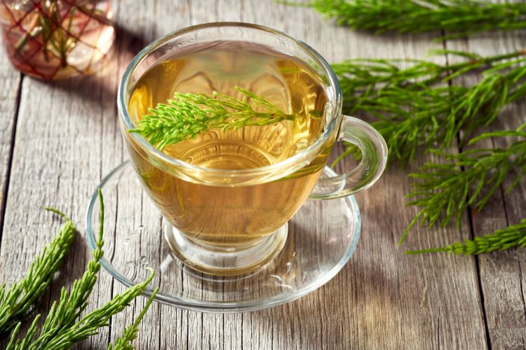 Chas-Infeccao-Urinaria-Cavalinha Xícara com pires transparentes com chá de cavalinha e erva no chá para infecção urinária e na mesa de madeira